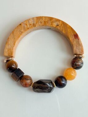 Coral Fossil Bangle Bracelet Asymmetric Natural Stone Handmade Unisex Statement